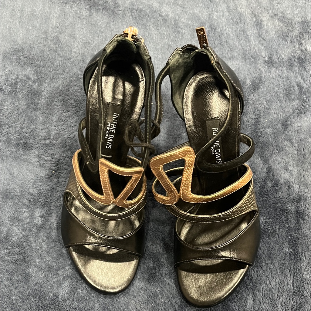 Ruthie Davis Black And Gold Strappy Heels